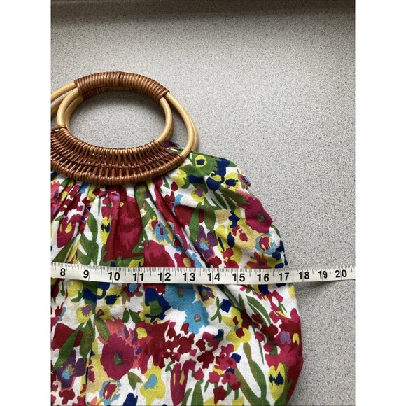 Large Antique Wicker & Canvas Handbag Colorful Floral Boho Beach Vacation - Picture 11 of 13